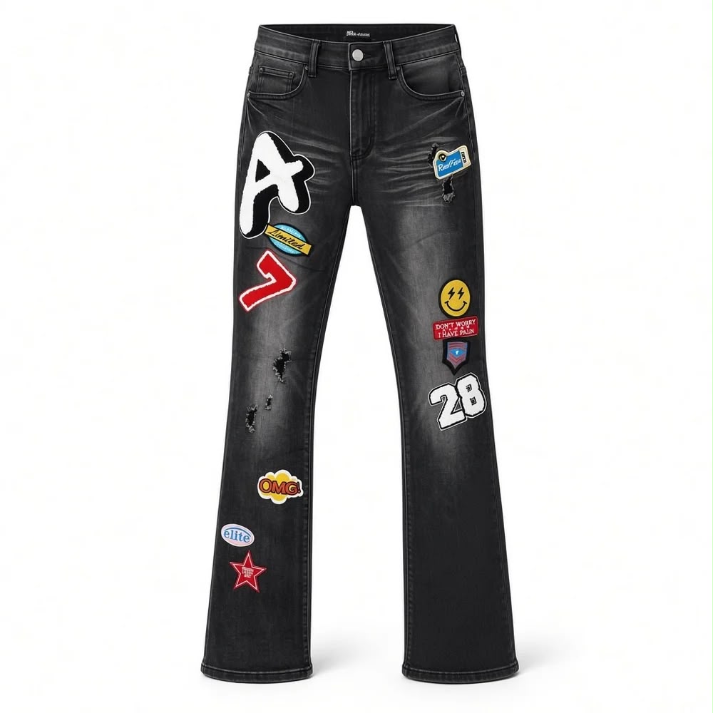 REDFOX WOMENS PATCH  STACKED JEANS-BLACK