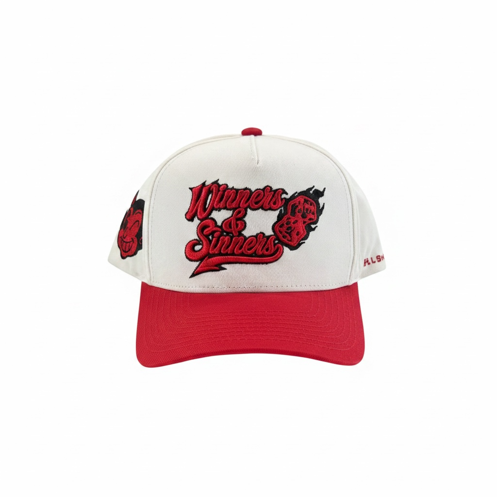 winners and sinners white red twill trucker