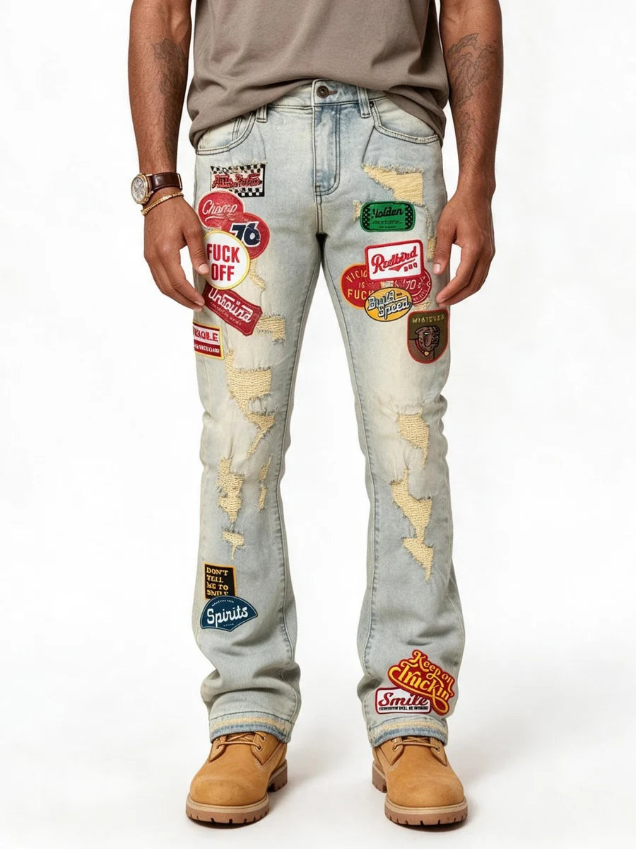 VICIOUS MEN’S PATCHWORK STACKED JEANS- vintage