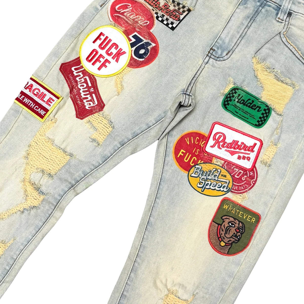 VICIOUS MEN’S PATCHWORK STACKED JEANS- vintage