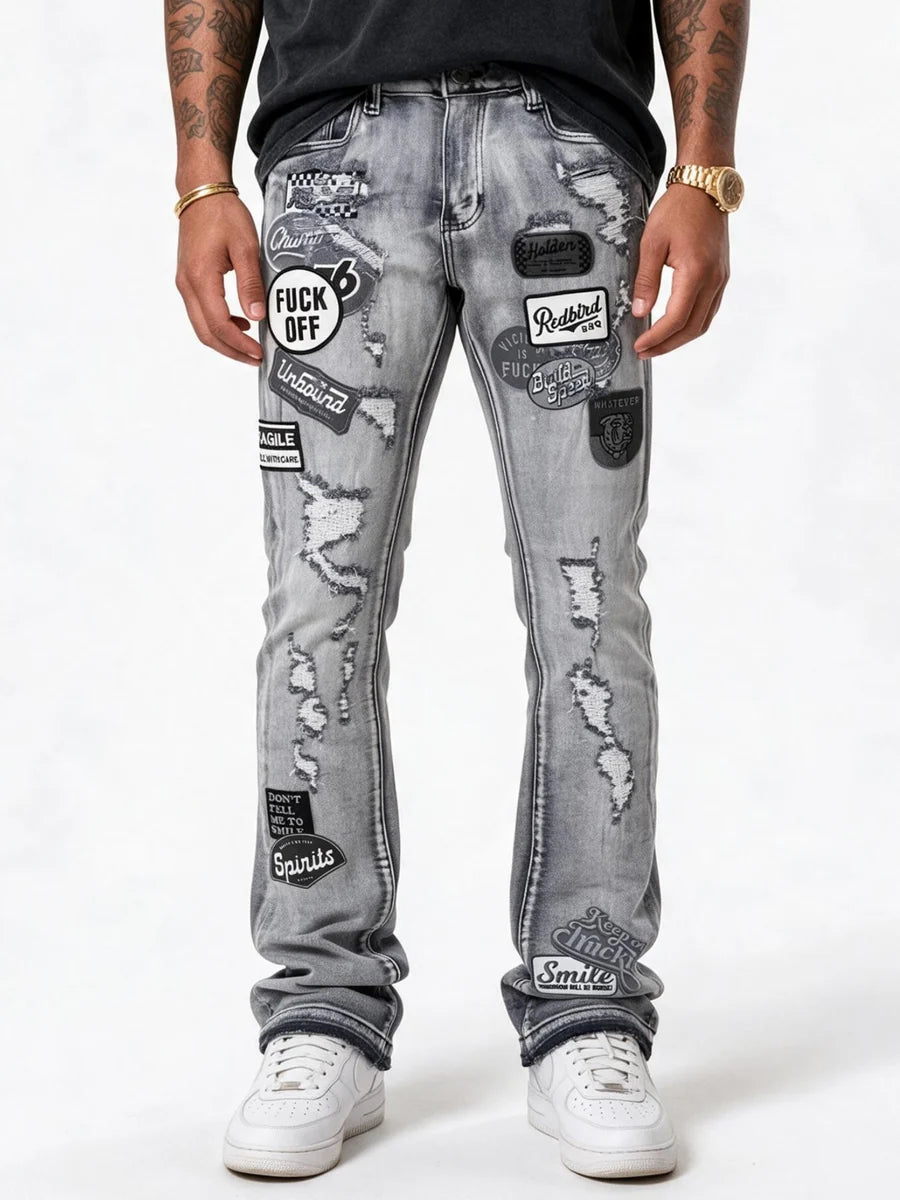VICIOUS MEN’S PATCHWORK STACKED JEANS -GREY