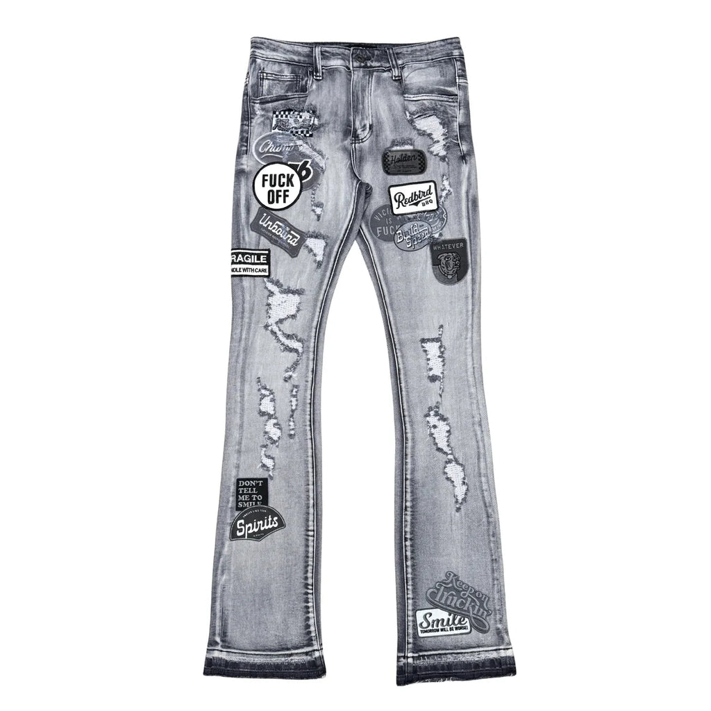 VICIOUS MEN’S PATCHWORK STACKED JEANS -GREY