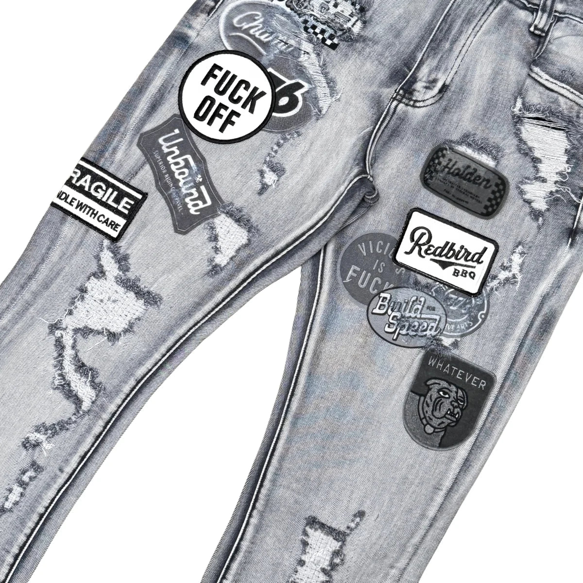 VICIOUS MEN’S PATCHWORK STACKED JEANS -GREY