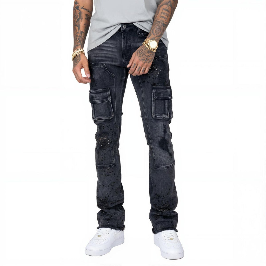 PREMIUM VICIOUS DENIM WITH ARTWORK LIGHT STUDDED-wash black