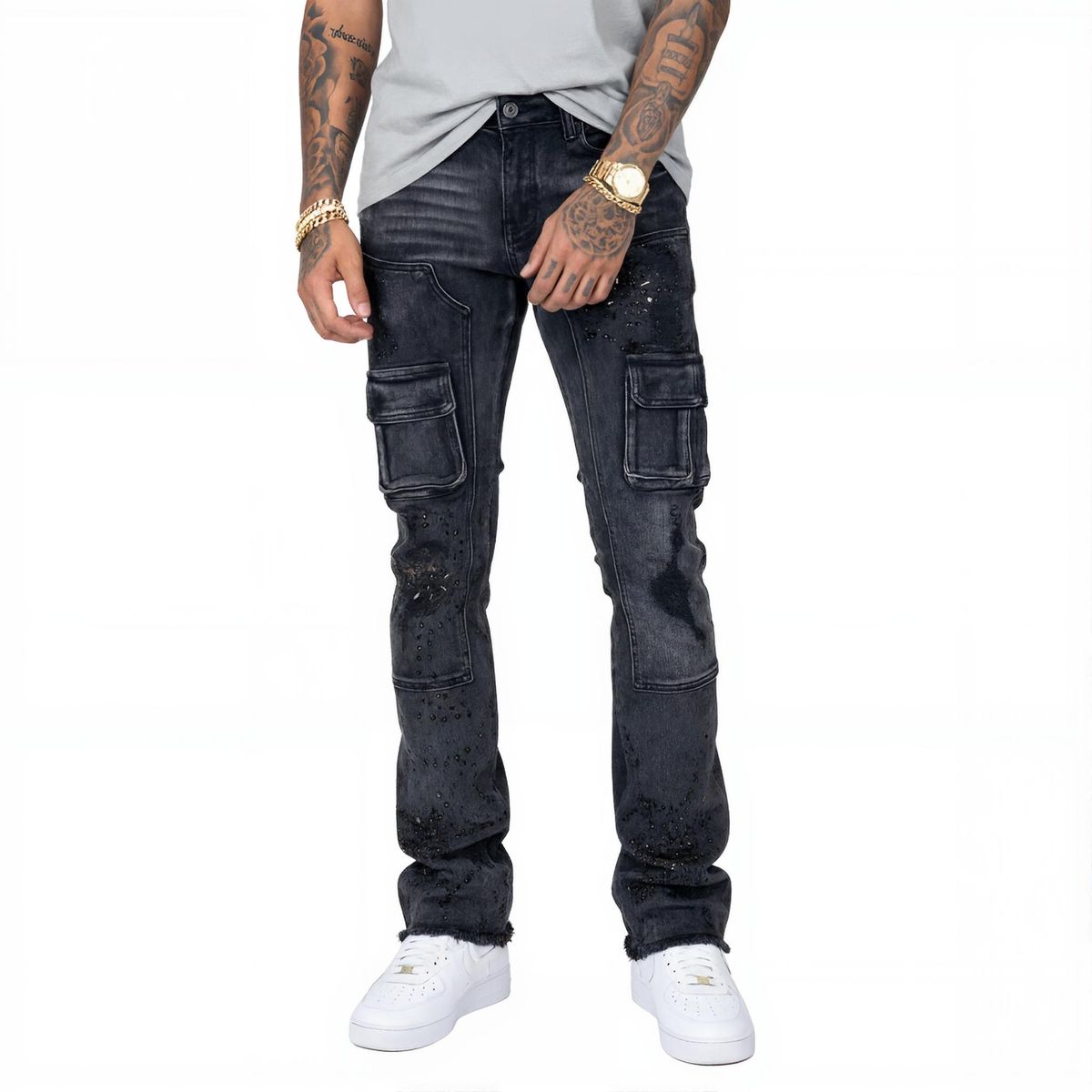 PREMIUM VICIOUS DENIM WITH ARTWORK LIGHT STUDDED-wash black
