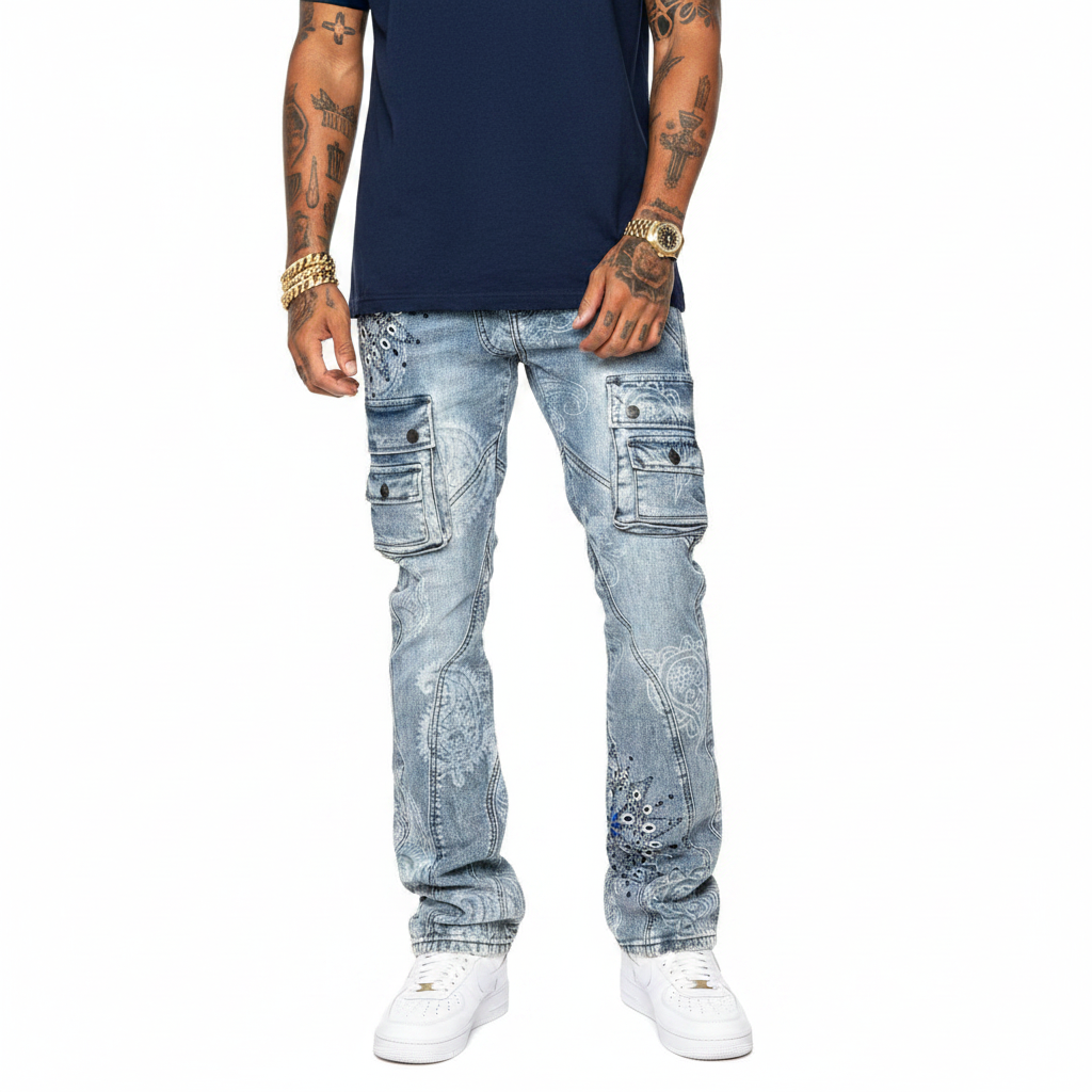 VICOIUS DENIM / WITH LIGHT STUDED & ARTWORK-Light blue