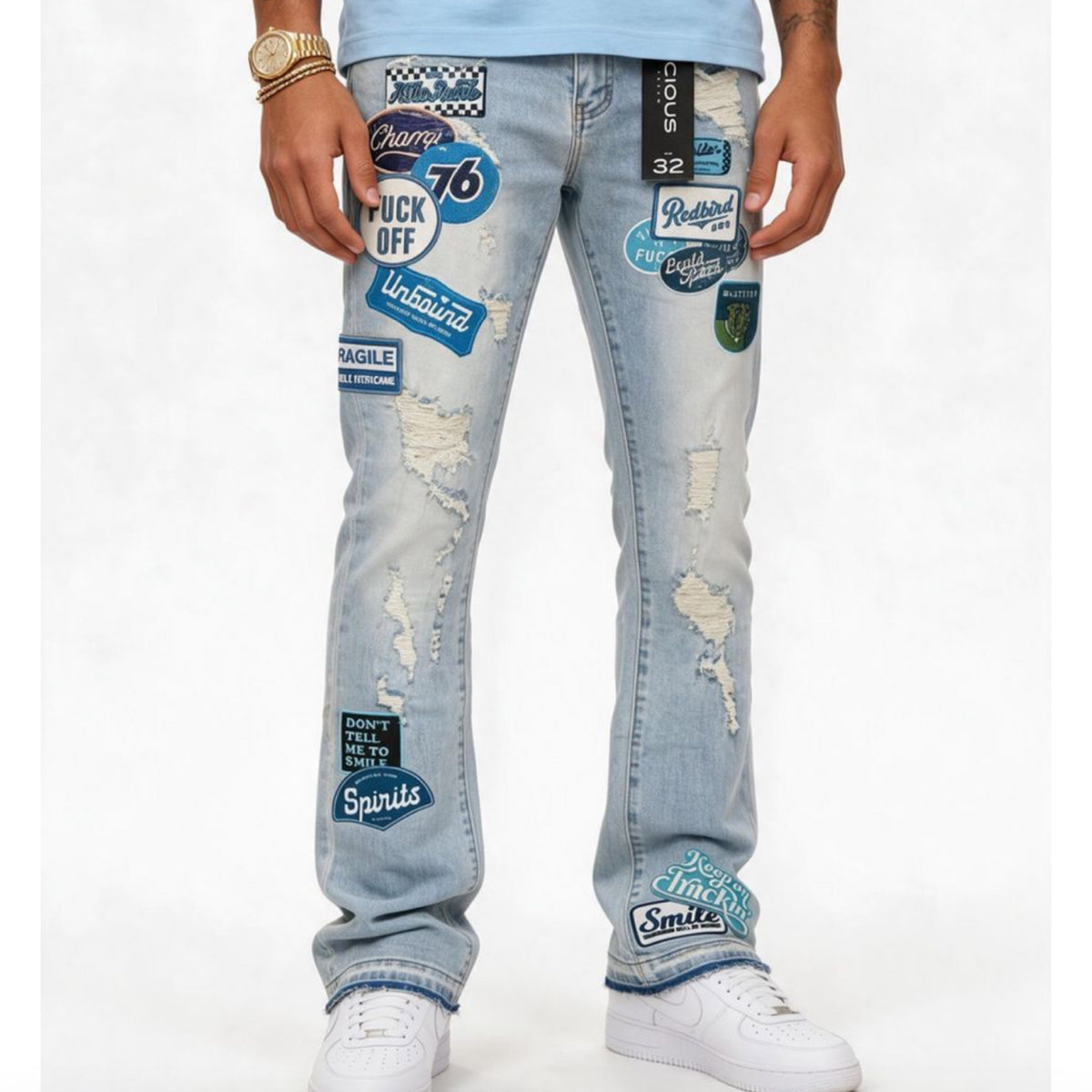 VICIOUS MEN’S PATCHWORK STACKED JEANS-blue